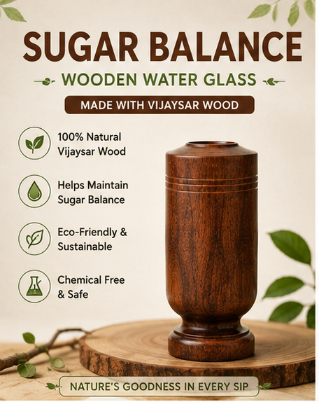 SugarCare Balance Vijaysar Wood Water Glass | Natural Wooden Drinking Cup | Eco-Friendly Reusable Water Tumbler | Smooth Finish Lightweight Glass for Daily Use (Pack of 1)