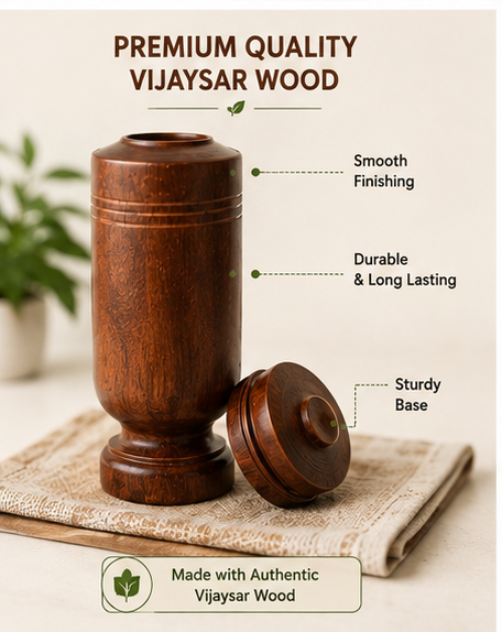 SugarCare Balance Vijaysar Wood Water Glass | Natural Wooden Drinking Cup | Eco-Friendly Reusable Water Tumbler | Smooth Finish Lightweight Glass for Daily Use (Pack of 1)
