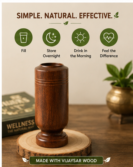 SugarCare Balance Vijaysar Wood Water Glass | Natural Wooden Drinking Cup | Eco-Friendly Reusable Water Tumbler | Smooth Finish Lightweight Glass for Daily Use (Pack of 1)