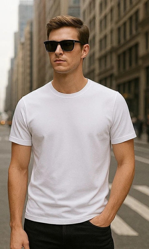 Men Solid Round Neck Cotton Blend T-Shirt White - XL